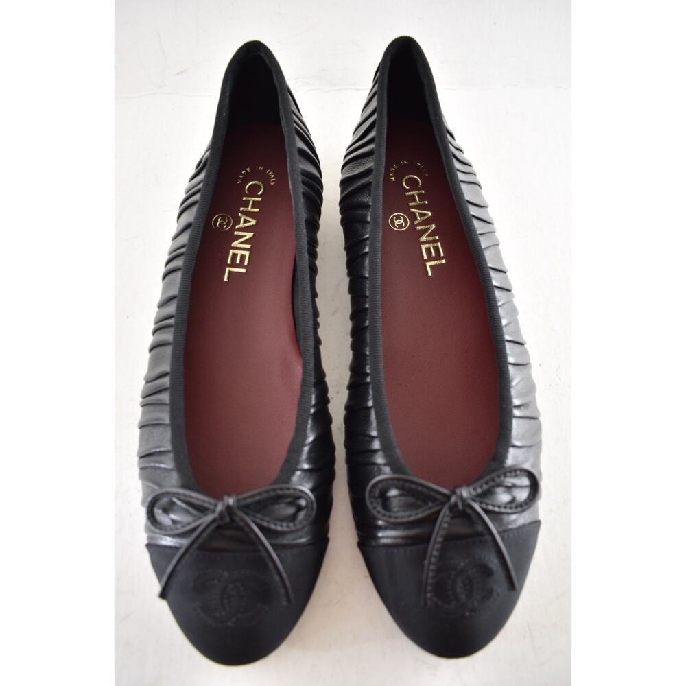 Chanel 26A Black Pleated Lambskin Leather CC Logo Bow Ballet Ballerina Flat 41.5 - Picture 10 of 16